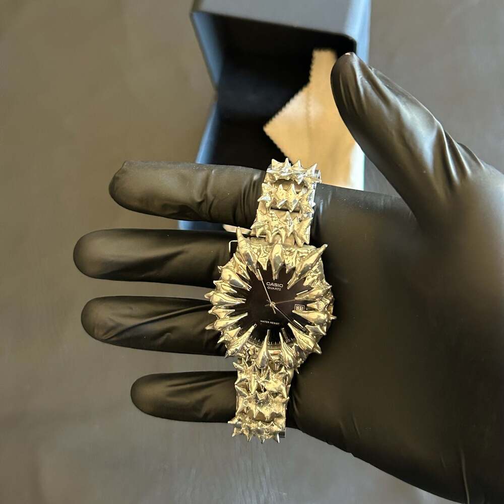 Casio Quartz Soldered Spikey Silver Watch Japan Movement - Black Face Brand New